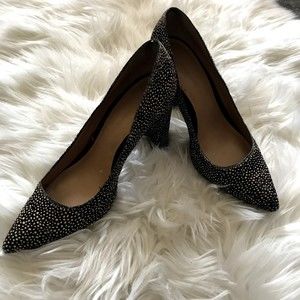 Banana Republic Madison Cow Hair Fur Leather Pumps Brown Block Heels Pointed 6.5